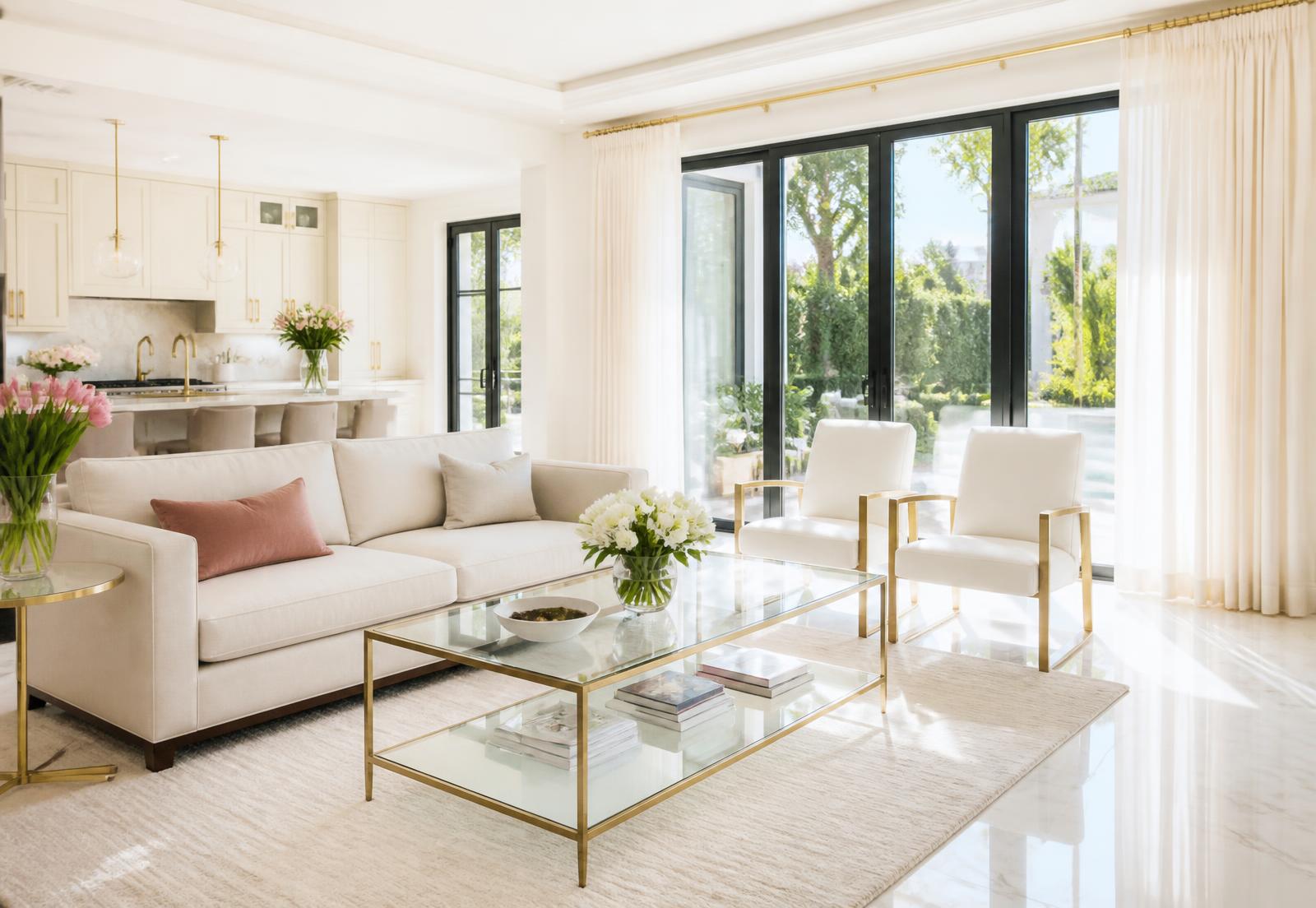 Bright, freshly cleaned living room with cream sofa and fresh flowers